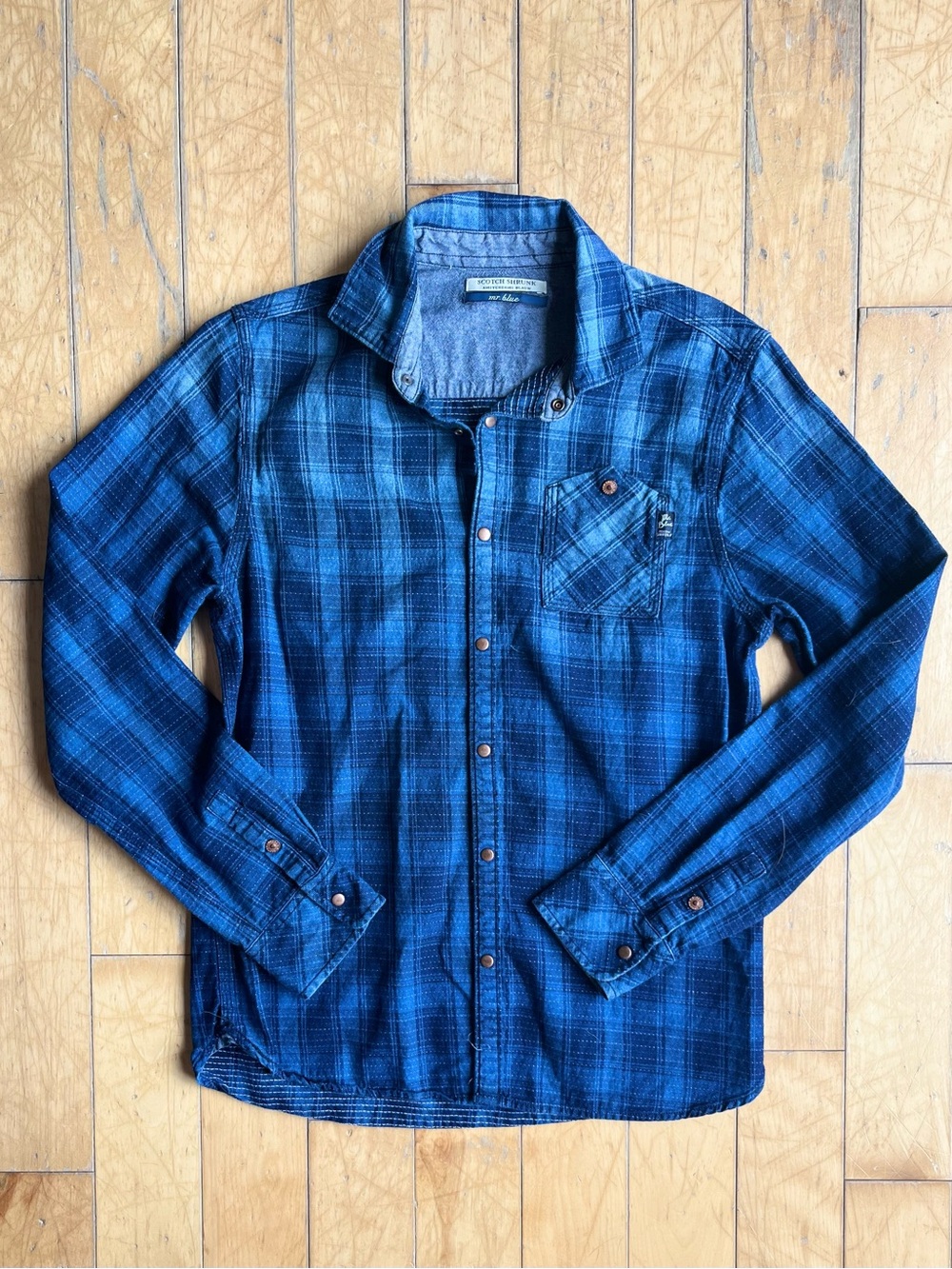 Scotch Shrunk Boys 100% Cotton Blue Plaid Snap-Front Flannel Shirt Size 14
